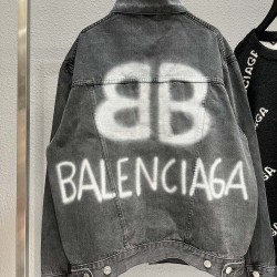 Balenciaga Back BB Graffiti Print Fashion Denim Jacket Blue Retro Style Man Jacket Coat High Quality Casual Men's Tops