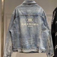 Balenciaga Back BB Embroidery Fashion Denim Jacket Blue Retro Style Man Jacket Coat High Quality Casual Men's Tops