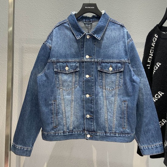  Balenciaga Autumn Back Coal Print Fashion Denim Jacket Retro Style Neck Broken Man Jacket Coat Casual Button Men's Tops