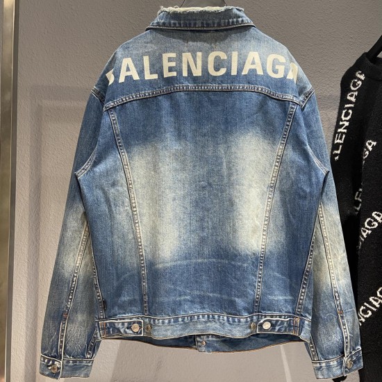 Balenciaga Autumn Winter Oversize V-neck Back Letters Print Fashion Denim Jacket Blue Retro Style Man Women Jacket Coat High Quality 