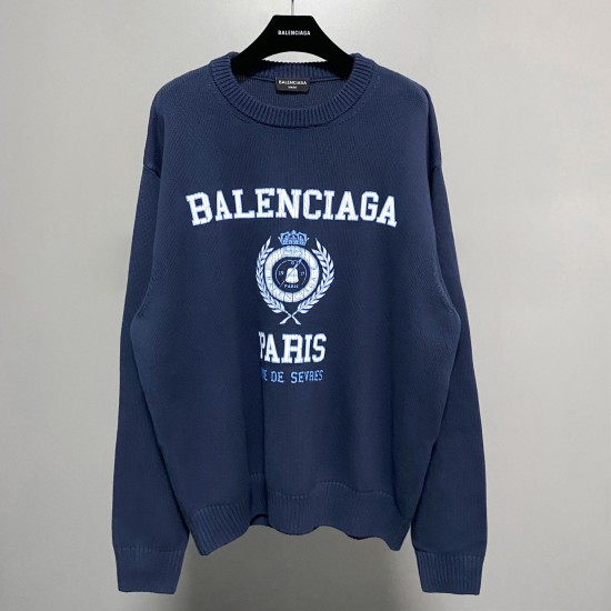 Balenciaga Autumn Winter Oversize Sweaters O-neck Royal Crown Wheat Head Crack Print Color Blue Fabric 100% Cotton Fashion Style Male Famale High Quality Tops