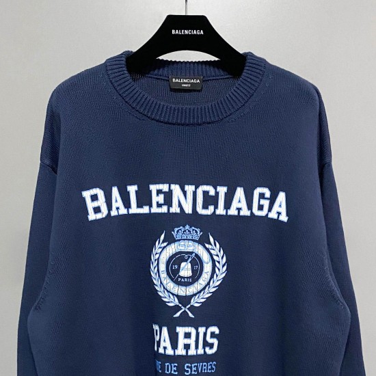 Balenciaga Autumn Winter Oversize Sweaters O-neck Royal Crown Wheat Head Crack Print Color Blue Fabric 100% Cotton Fashion Style Male Famale High Quality Tops