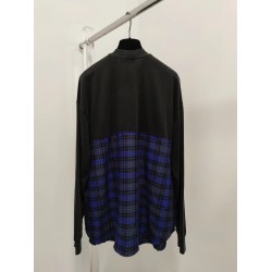 Balenciaga Spring Autumn Front BB Print Embroider Blue Plaid Mixed O Neck Pullover Long Sleeve Men Women's Tops