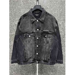 Balenciaga Spring Autumn Big Size Denim Jacket Back Smiley Face Print Color Black Retro Style Male Famale High Quality Tops