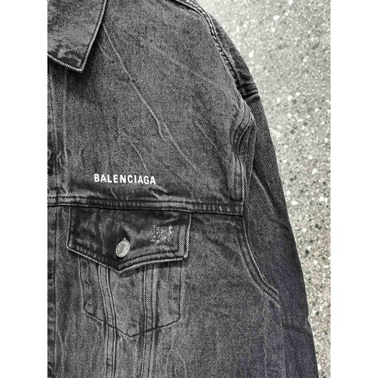 Balenciaga Spring Autumn Big Size Denim Jacket Back Smiley Face Print Color Black Retro Style Male Famale High Quality Tops